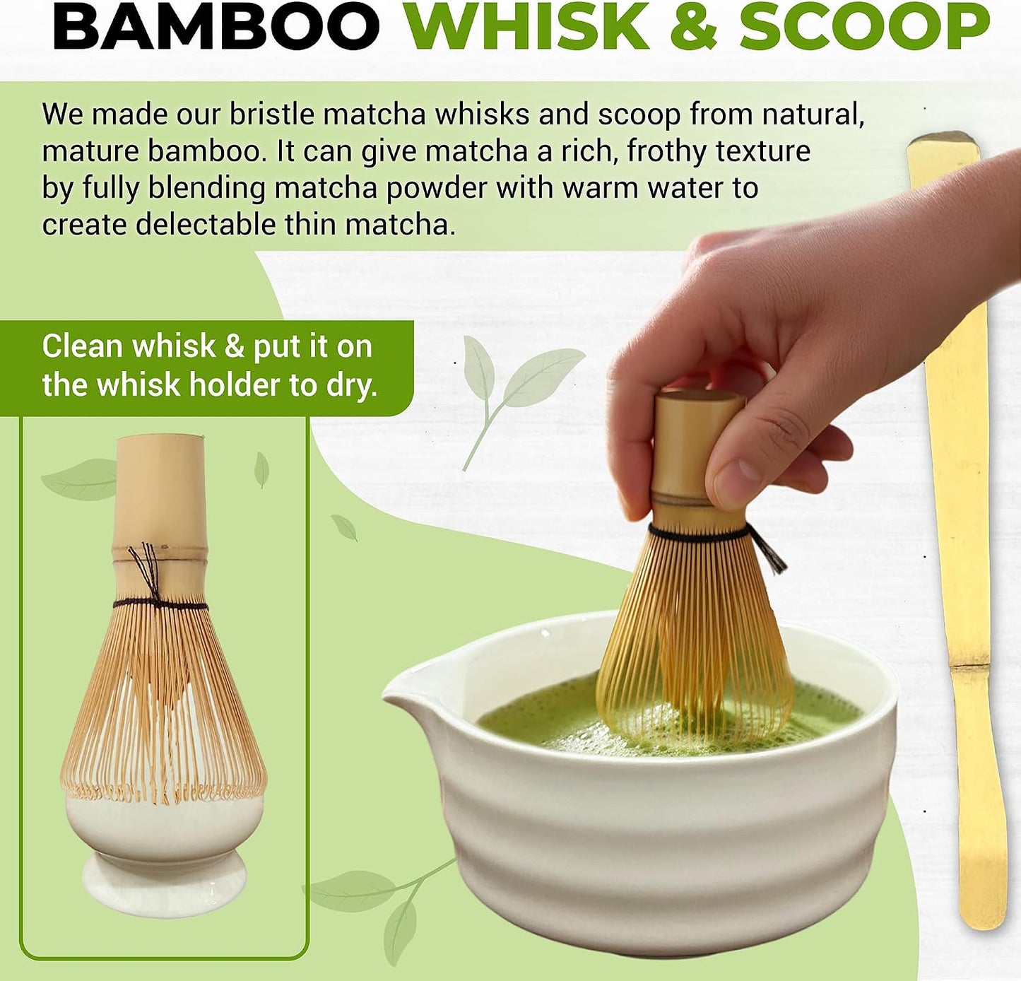 Matcha Whisk Set with Matcha Bowl - Matcha Set Included Electric Frother, Bamboo Whisk, Matcha Spoon, Bamboo Holder, Sifter, Spoon Stand (Mottled Green)