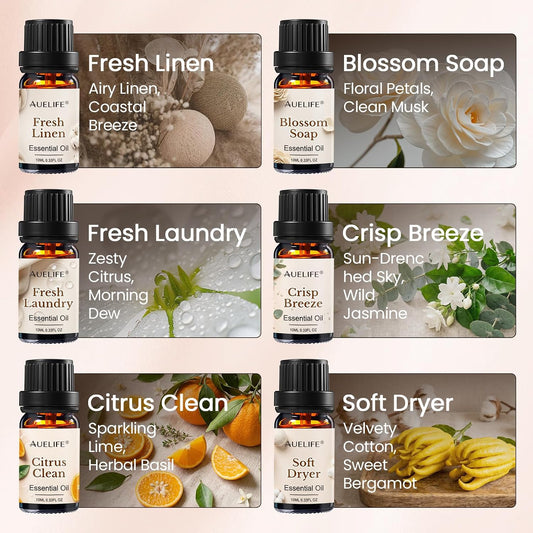 Auelife Laundry Essential Oils Set for Dryer Balls, 6x10ml Diffuser Oil | Home Fragrance for Laundry Room, Candle & Soap Making with Fresh Linen, Blossom Soap, Crisp Breeze, Soft Dryer, Citrus