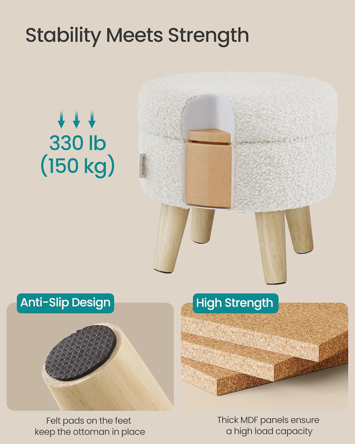 SONGMICS Foot Stool Ottoman, Small Storage Ottoman with Legs, 15.7 Inches