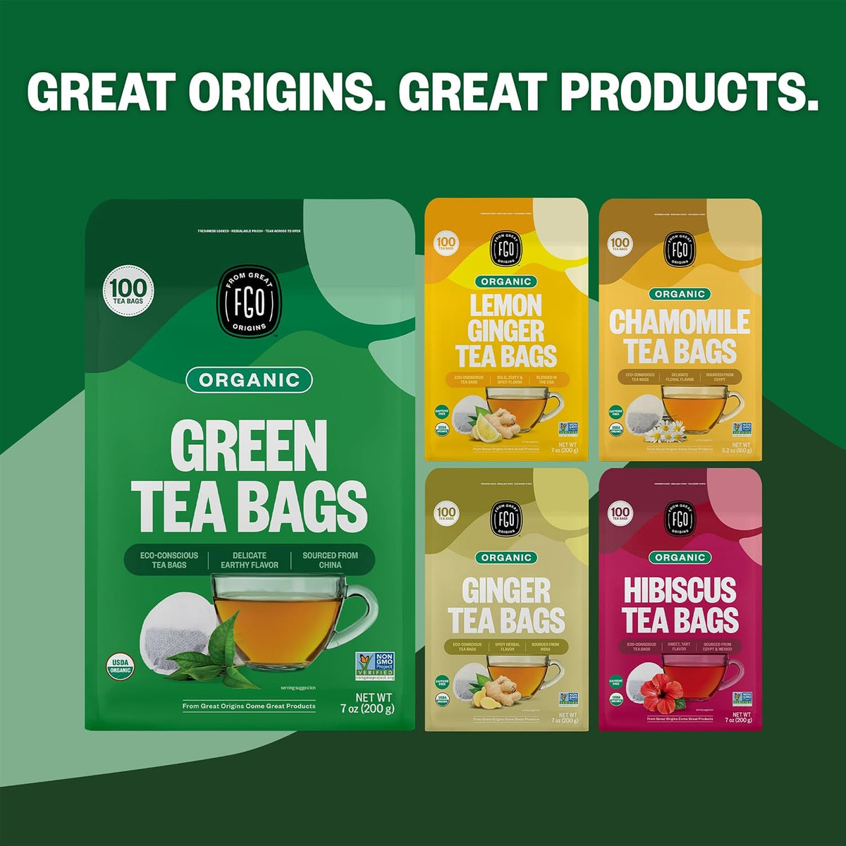 FGO Organic Green Tea, 100 Count Eco-Conscious Tea Bags, Caffeinated, Resealable Pouch, Packaging May Vary (Pack of 1)