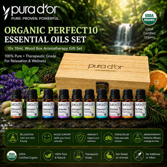 PURA D'OR Organic Perfect10 Essential Oils Set - 10x 10mL Wood Box Aromatherapy Gift Set - 100% Pure Therapeutic Grade for Relaxation and Wellness (Lavender, Peppermint, Eucalyptus, Tea Tree & More)
