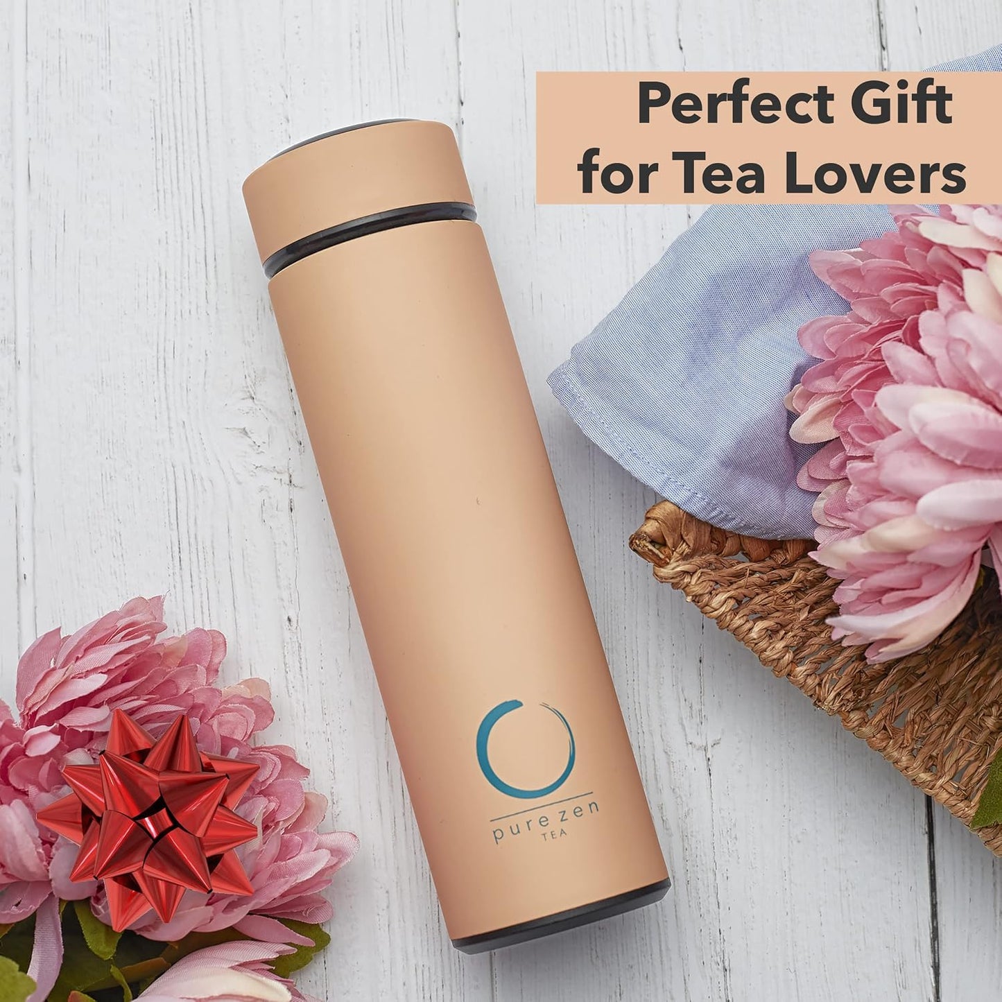 Pure Zen Tea Thermos with Infuser for Hot and Cold Infusions - Stainless Steel - Tea Infuser Bottle - Leakproof Travel Mug with Filter - 15oz - Blue