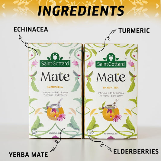 Saint Gottard Mate Herbal Tea – Immunitea Blend with Echinacea, Turmeric & Elderberry – Immune Support Herbal Tea for Daily Wellness – Organic Premium Botanical Infusion – 40 Tea Bags