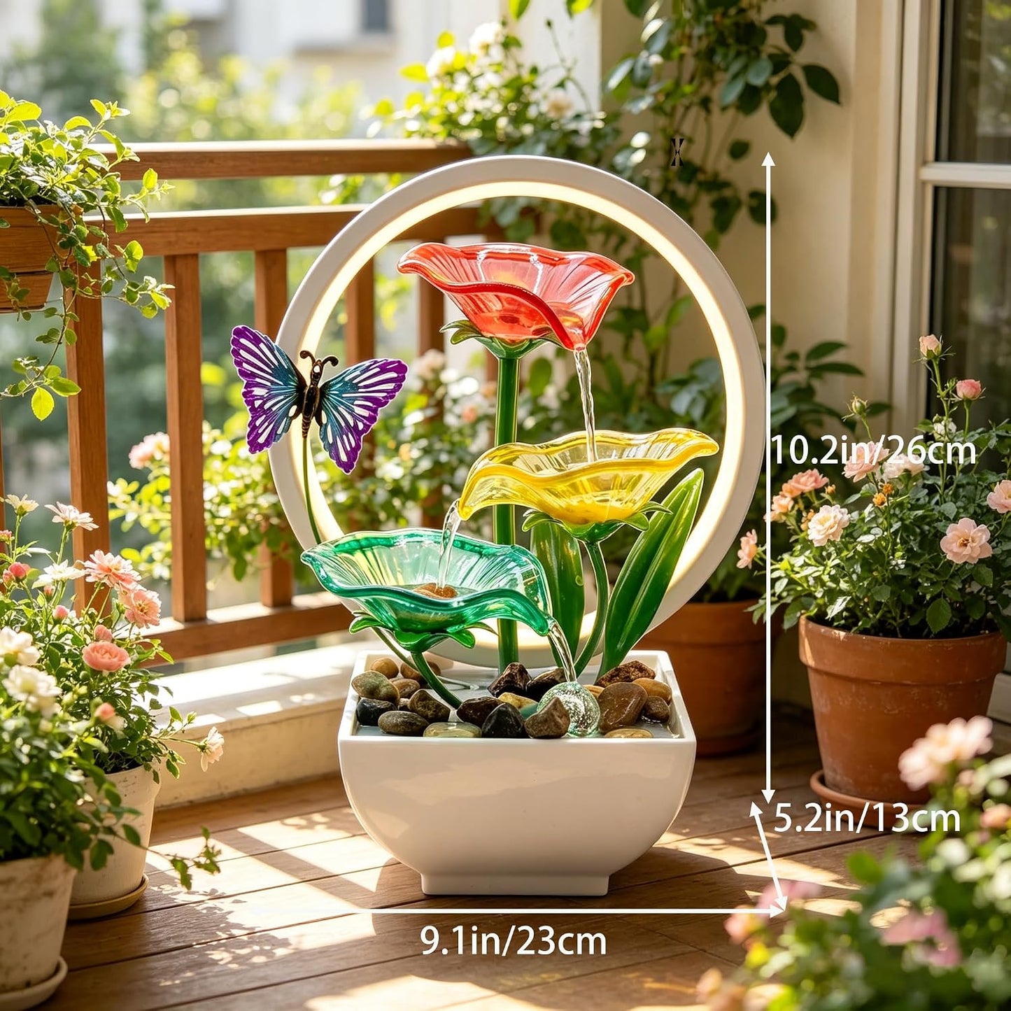 Tabletop Fountain,Indoor Water Fountain,Home Fengshui Décor Zen Relaxation Soothing Sound Machine for Office,Living Room,or Bedroom,Green Lotus,Hummingbird & Pink Flower,9.1inch
