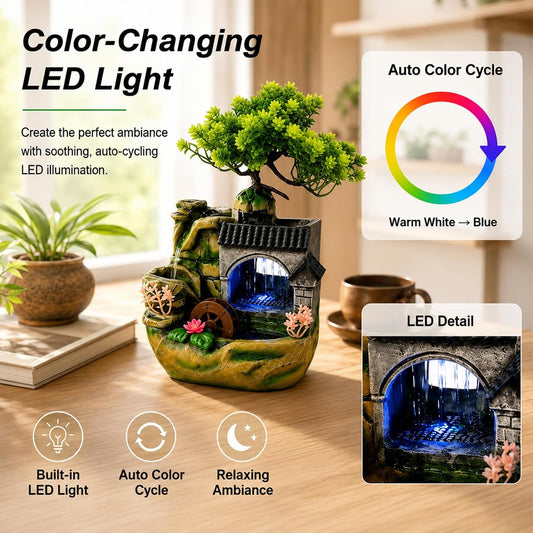 Tabletop Waterfall Fountain, Resin Indoor Water Fountain with Color-Changing LED Lights, Quiet Pump Small Rockery Water Feature with Faux Bonsai Tree for Home, Office, Bedroom, Relaxation Decor