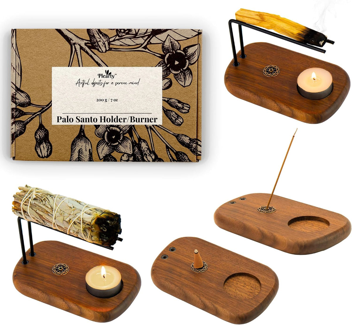 4 in 1 Walnut Wood Palo Santo Holder Hand-Crafted Incense Sticks Holder for Burning Sage with Booklet The Most Complete Palo Santo Holder for Your Meditation Room Home Decor Gift