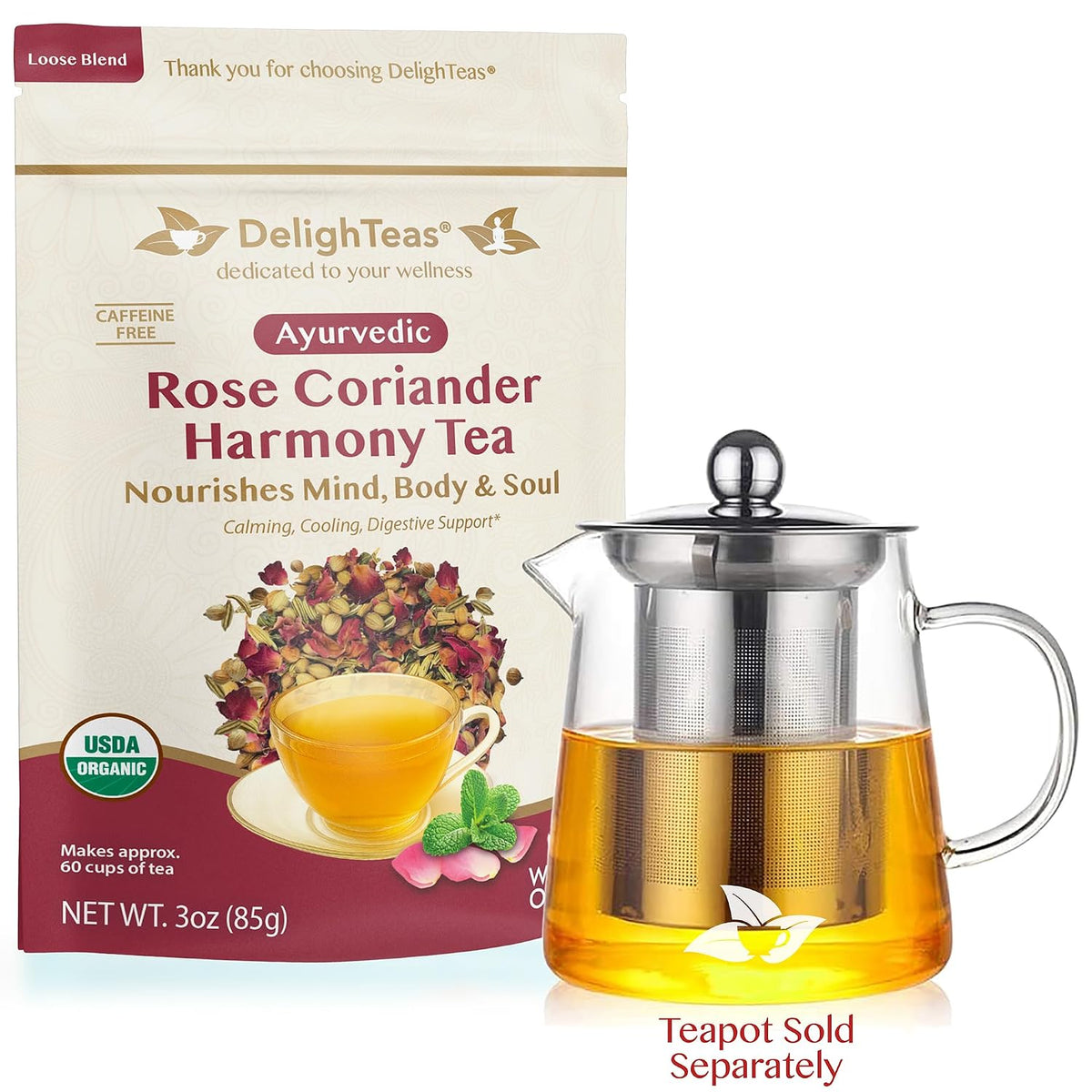 DelighTeas Organic Rose Coriander Harmony Tea | Ayurvedic Loose Leaf Herbal Tea | 60 Servings, 3oz. | Caffeine-free, Sugar-free, Non-GMO, Keto, Vegan | Calming, Cooling Digestive Support