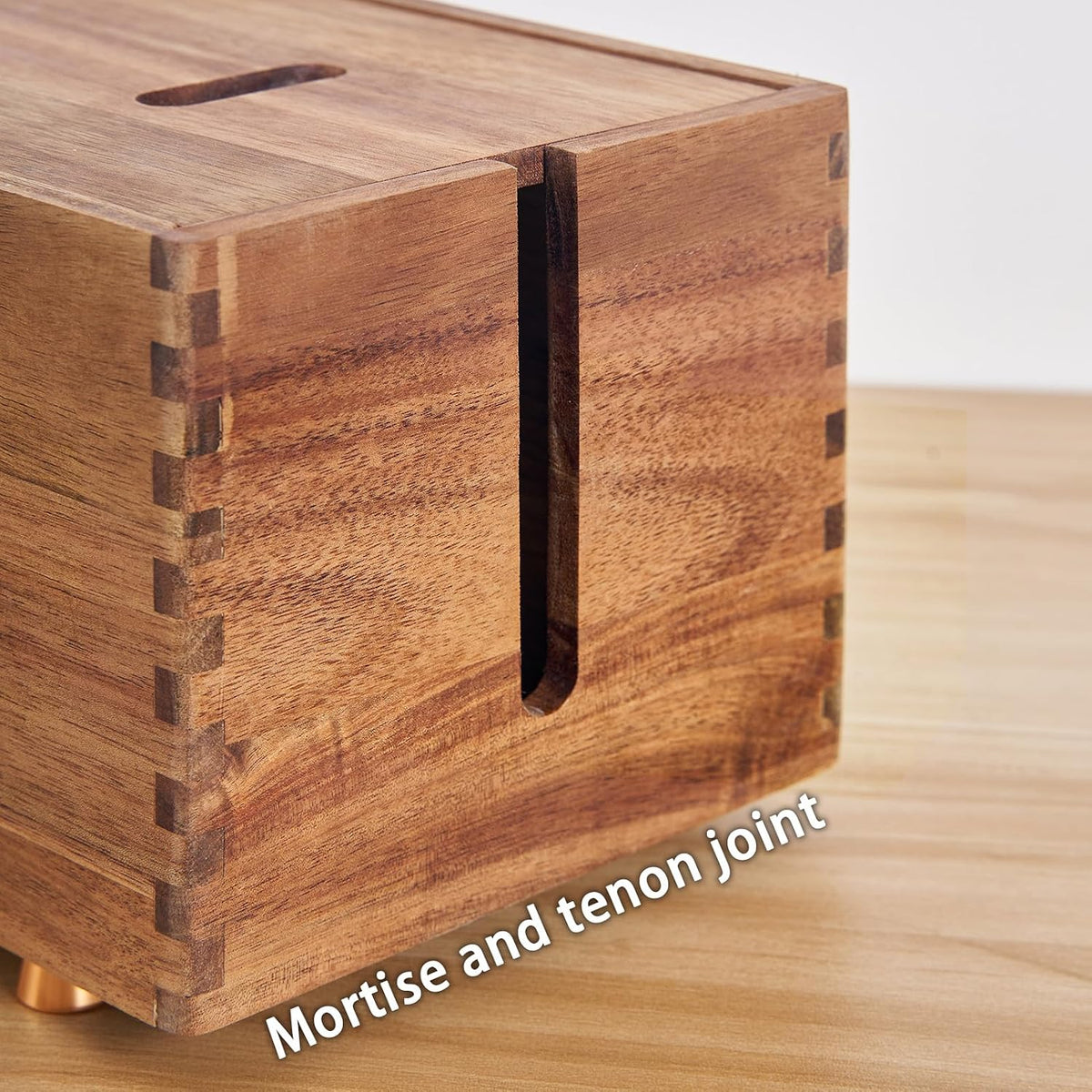 SARUFO Acacia Wood Cable Management Box - Wooden Cord Hider with 4 Metal Feet, Organizer for Desk & Floor, Power Strip TV Wire Concealer, Under Desk Storage for Office, Home Electrical Cables