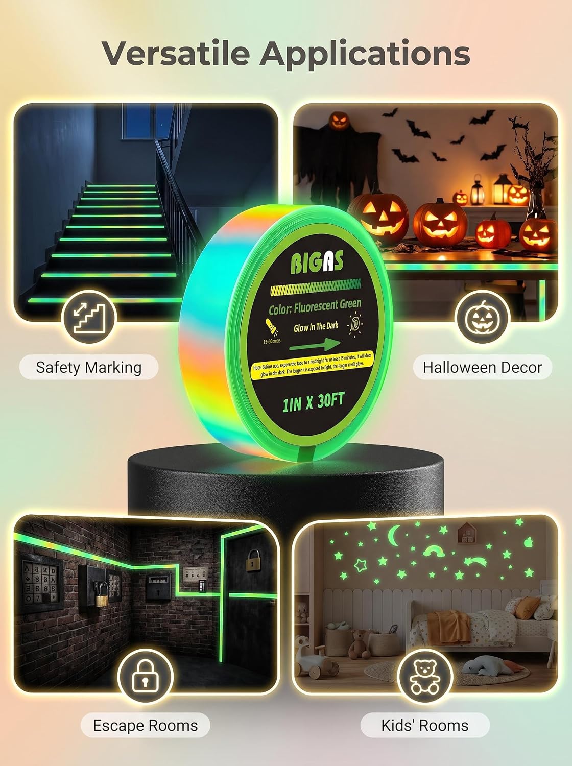 Glow in the Dark Tape 1"x30FT Fluorescent Green Self-Adhesive Safety Tape