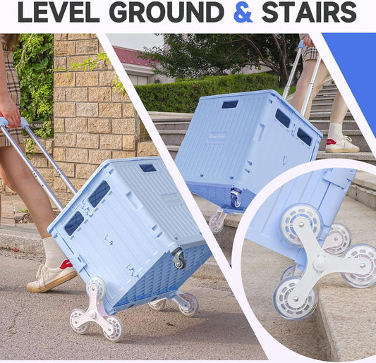 Nedcart Rolling Crate with Stair Climbing Wheels, Foldable Utility Cart with Detachable Lid & Telescoping Handle, Portable Rolling Cart Tote Basket for Teacher Upstairs Grocery Shopping