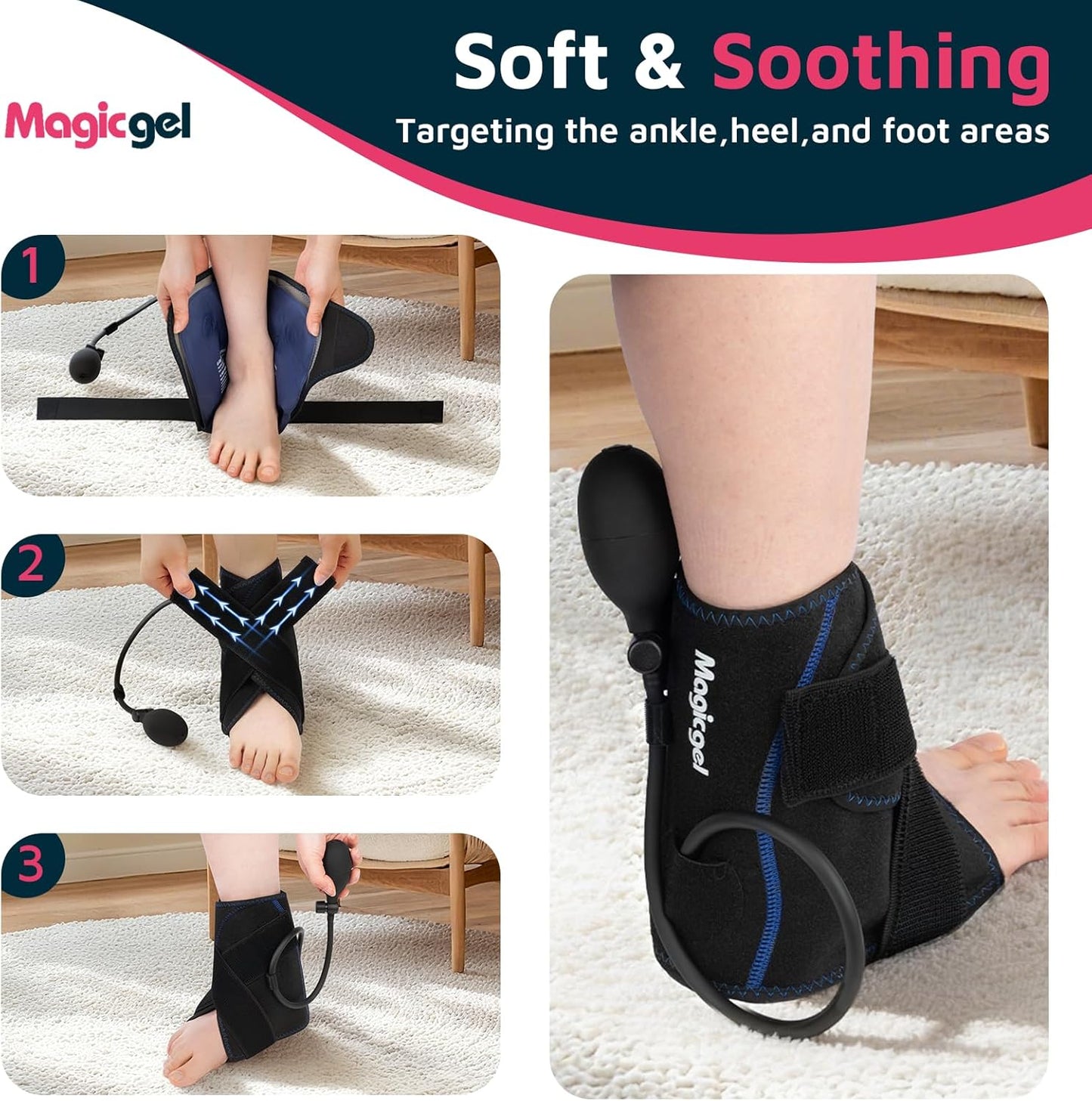 Magic Gel Compression Ankle Ice Pack Wrap – Ice Pack for Ankle Sprain, Swelling, Heel Pain & Achilles Tendonitis – Cold Therapy Wrap for Ankle, Heel & Foot with Air Pump Compression, 2 Extra Gel Packs