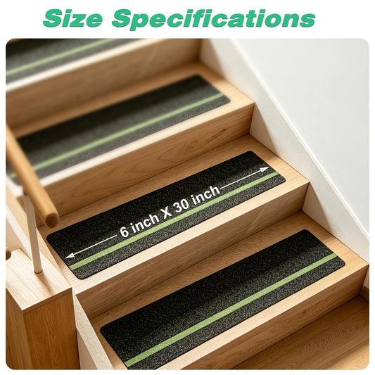 10pcs 6" x 30" Anti Slip Stair Treads with Glow in The Dark Strips, High Traction Adhesive Non Slip Strips with Scraper, Outdoor/Indoor Anti Skid Step Grips for Wooden Steps,etc