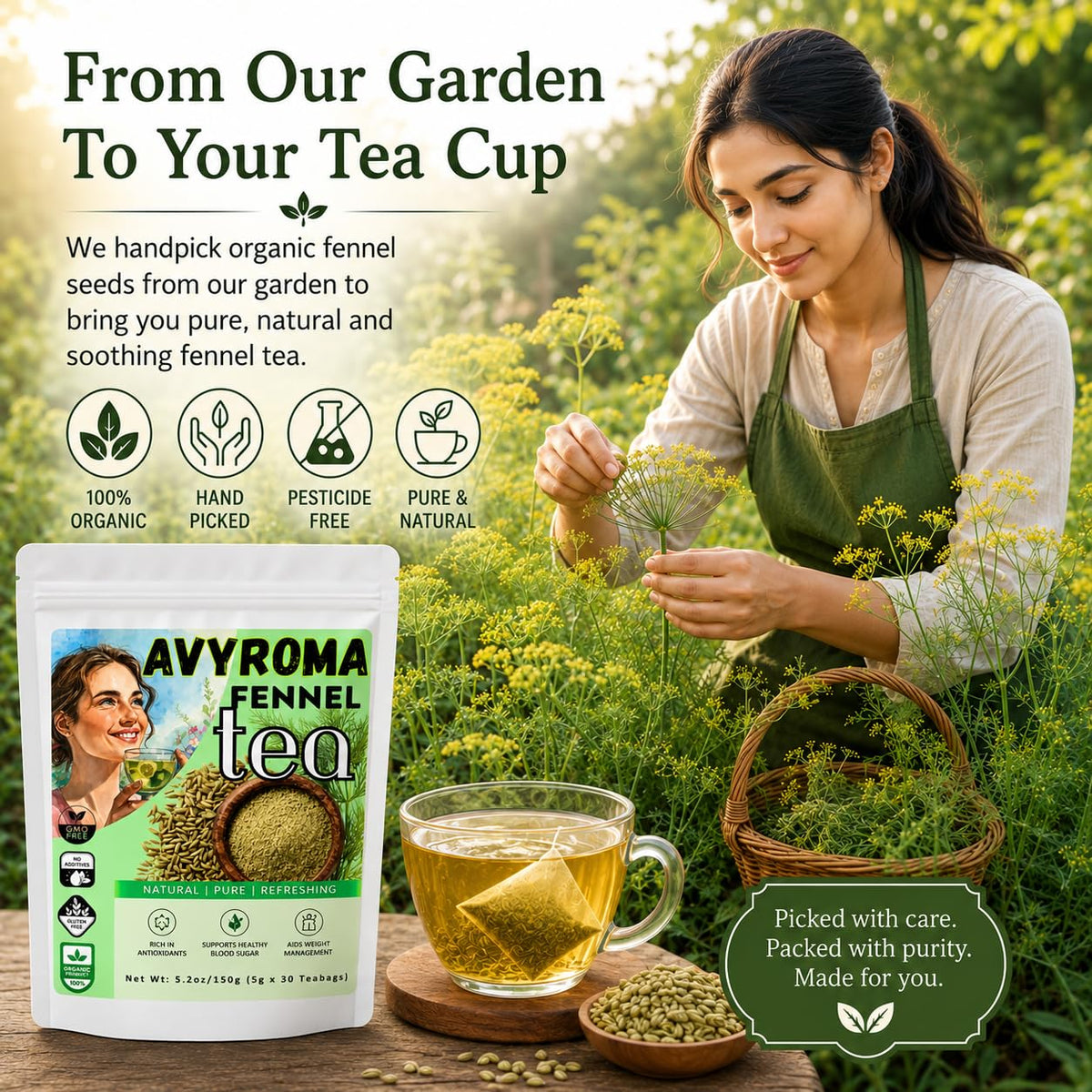 AVYROMA Premium Organic Fennel Seed Tea - Natural Herbal Infusion for Detox, Digestive Health - Caffeine-Free, Herbal Tea, 100% Pure and Natural Ingredients, 30 Teabags