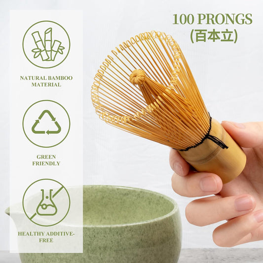 YIBO Matcha Whisk Set With Bowl, Ceramic Matcha Making Kit Includes Bamboo Whisk (Chasen), Holder Stand, Powder Starter Sifter, Scoop, Measuring Spoon & Cup Tea Tools For Ceremony (Mottled Green)