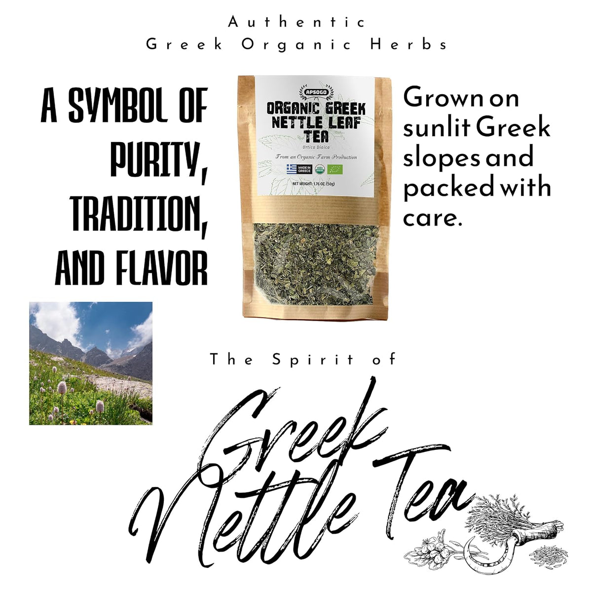 Apsogo Organic Greek Nettle Leaf Tea - Loose Leaf, Caffeine-Free, 1.76oz