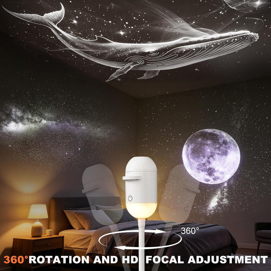 2-in-1 Galaxy Projector Night Light,USB Star Projector for Bedroom with Sliding Projection Films,Mini LED Night Light Projector Wall Lamp with Adjustable Brightness,360° Starry Sky Ceiling Decor Gift