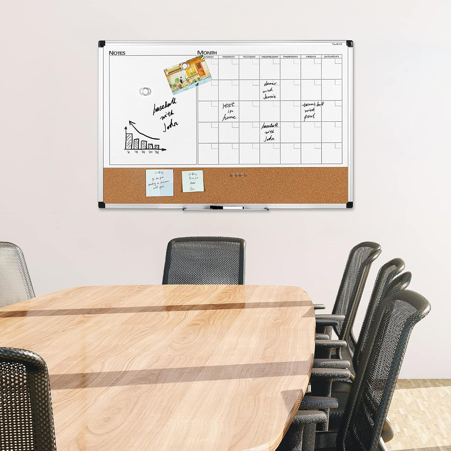 VUSIGN Monthly Calendar Whiteboard Dry Erase Cork Board Combo, 18" x 24" Planning Board, Silver Aluminium Frame