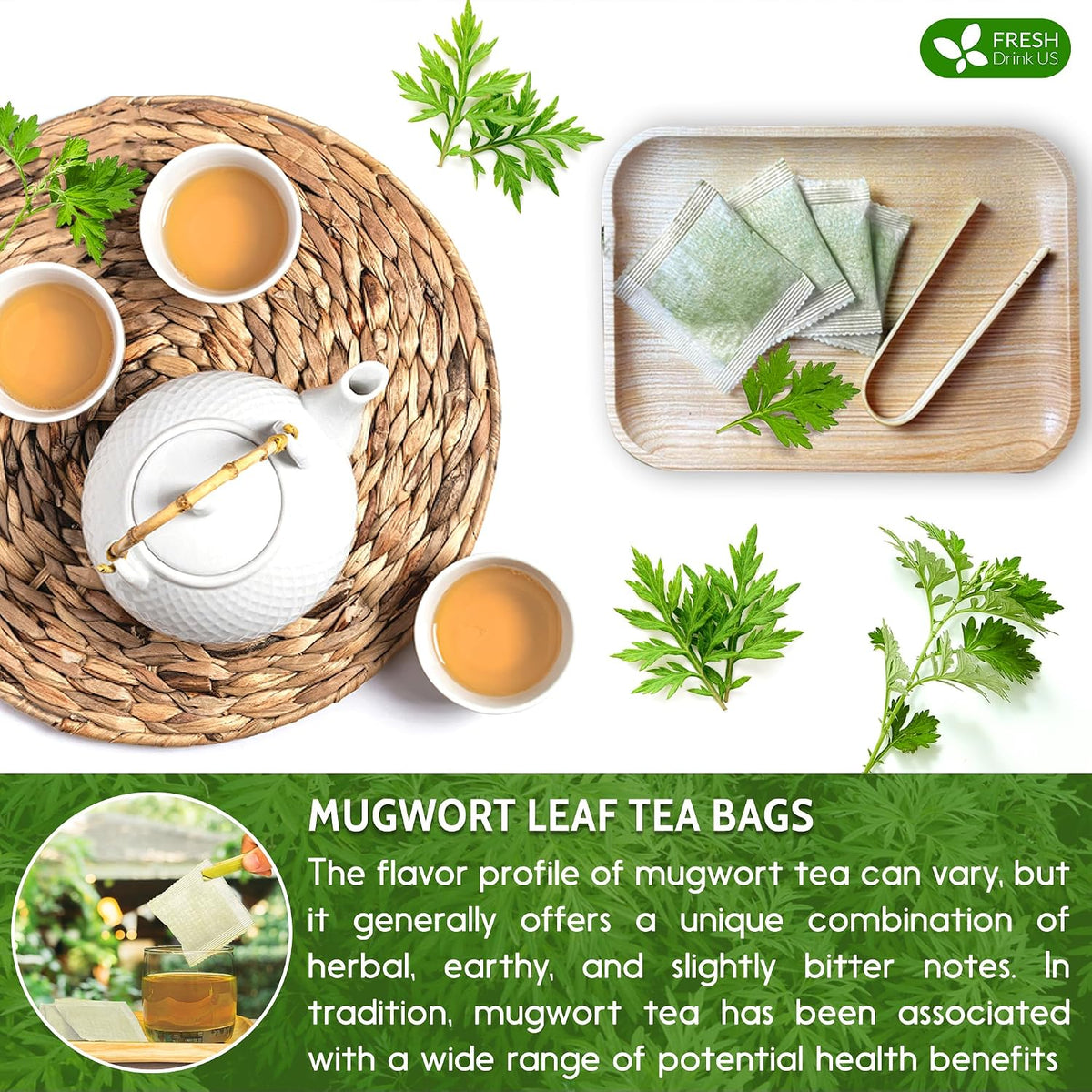 FreshDrinkUS, Premium Mugwort Leaf Tea, 120 Count, Pure, Caffeine Free