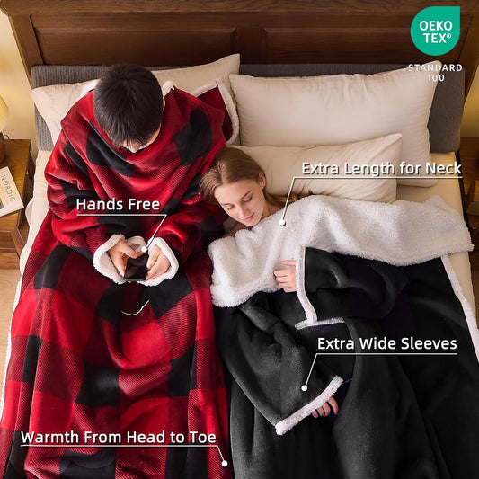 IFNOW Sherpa Wearable Blanket with Sleeves for Women Men Adults, Christmas Birthday Gifts for Women Mom Wife, Cozy Wearable Blanket with Arm and Pocket, Warm Full Body TV Wrap Throw Blanket, Grey