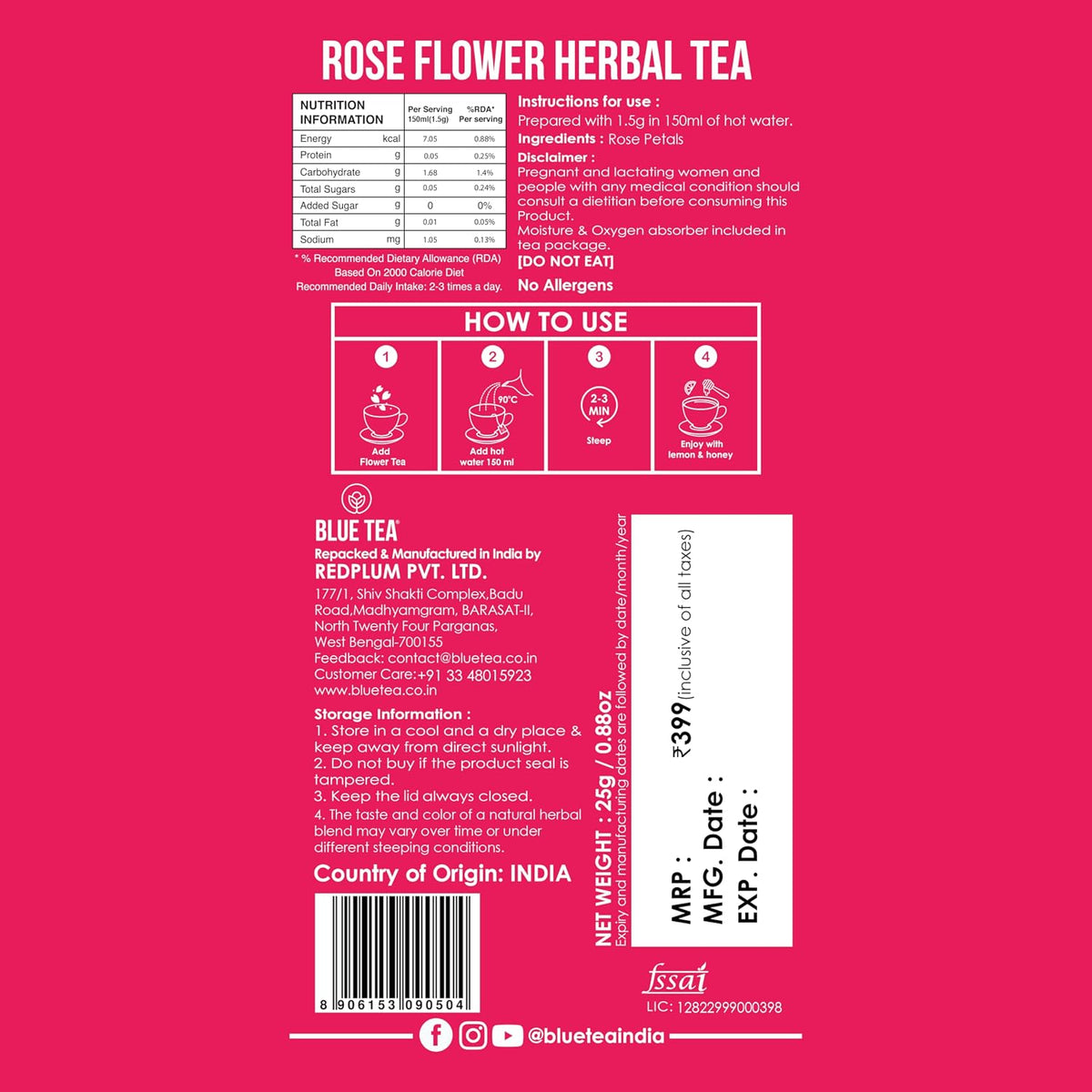 BLUE TEA - Rose Tea - 0.88 Oz (25 Cups) Loose | Rich in Vitamin-C - For Hair & Skin | Natural Sun Dried | Caffeine Free - Flower Based - Herbal Tea - Vegan | Pet Jar