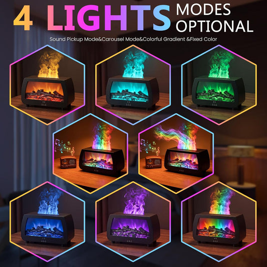 Simulated Fireplace Aroma Diffuser, 200mL Humidifier with Sound Pickup RGB Flame Lights, Timer & Remote Control, 7.5W Quiet Essential Oil Diffuser for Home, Bedroom, Office
