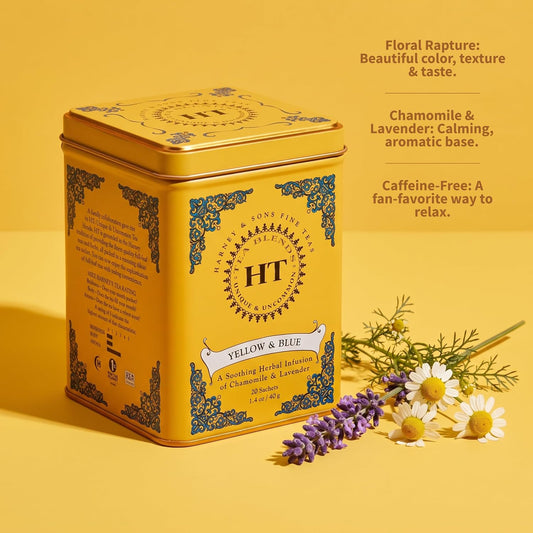 Harney & Sons Master Yellow & Blue Tea Tin - Herbal Blend of Chamomile, Lavender, and Cornflowers - 0.9 Ounces, 20 Sachets 1 Pack