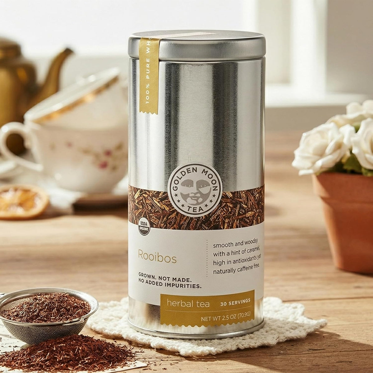 Golden Moon Organic Rooibos Tea Travel Tin – 30 Servings Caffeine Free