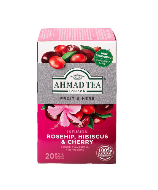 Ahmad Tea Rosehip & Cherry Infusion, 20-Count Tea Bags, Rosehip, Hibiscus & Cherry , 1.4 Oz, (Pack of 6)