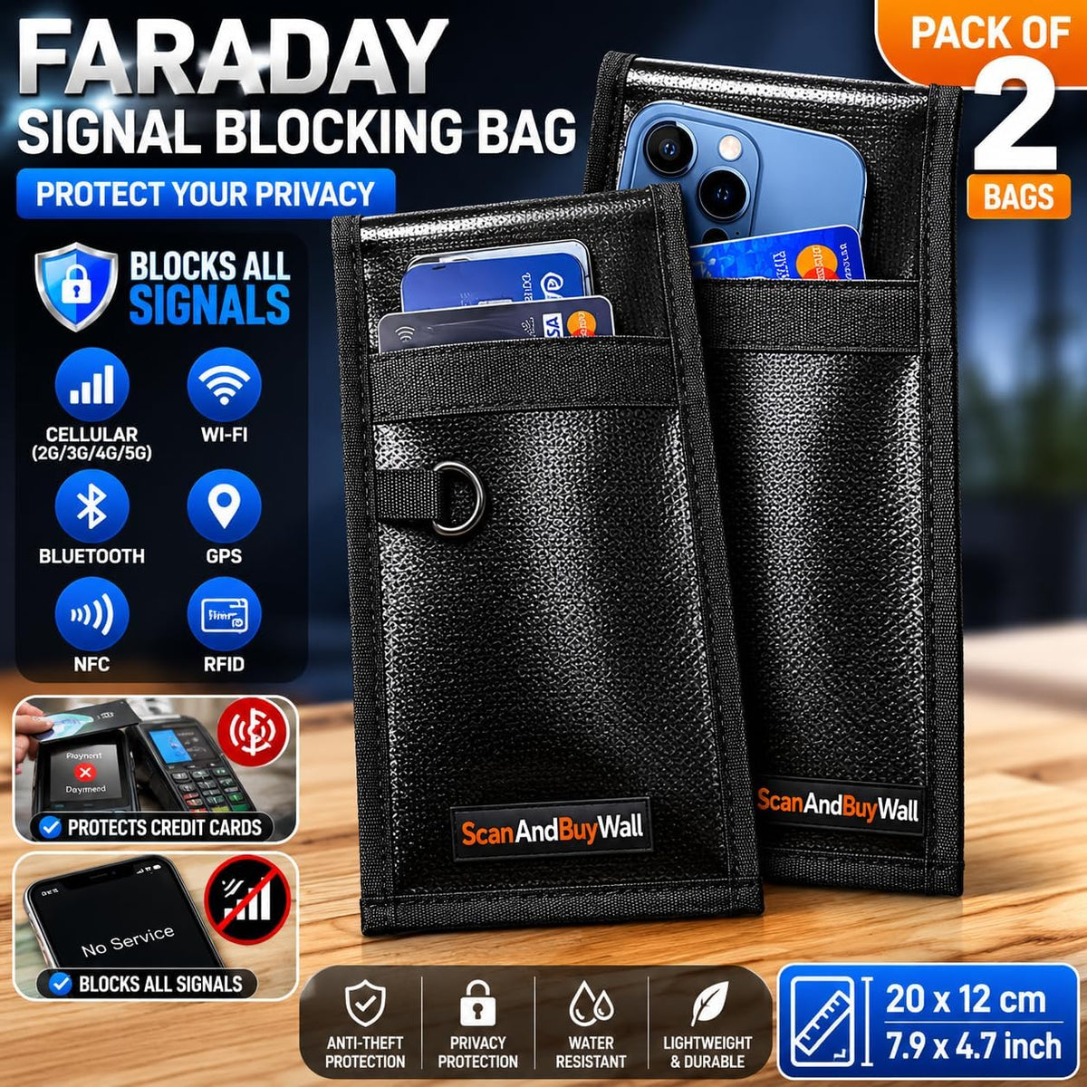 Faraday Bag for Phones (2 Pack) – Signal Blocking Pouch - Blocks Cell WiFi Bluetooth GPS RFID & NFC - Privacy Protection Faraday Phone Bag for Phones Credit Cards Passports & Key Fobs – 7.9" x 4.7"