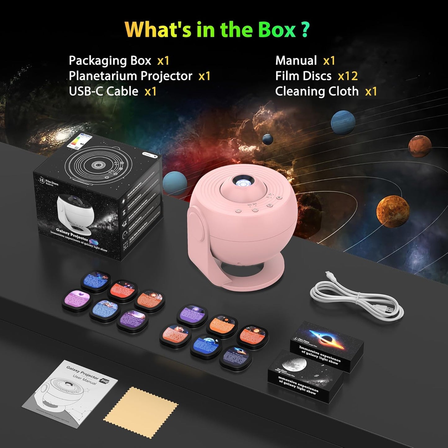 Galaxy Projector for Bedroom, HD Image Star Projector Galaxy Light Adjustable Knob, 13 Film Discs Planetarium Projector for Kids, 360° Rotating 1/2h Timer Simple 3-Button Control Black&White