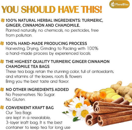 FloraBliss 50 Bags Turmeric, Ginger, and Cinnamon Tea. Added Chamomile