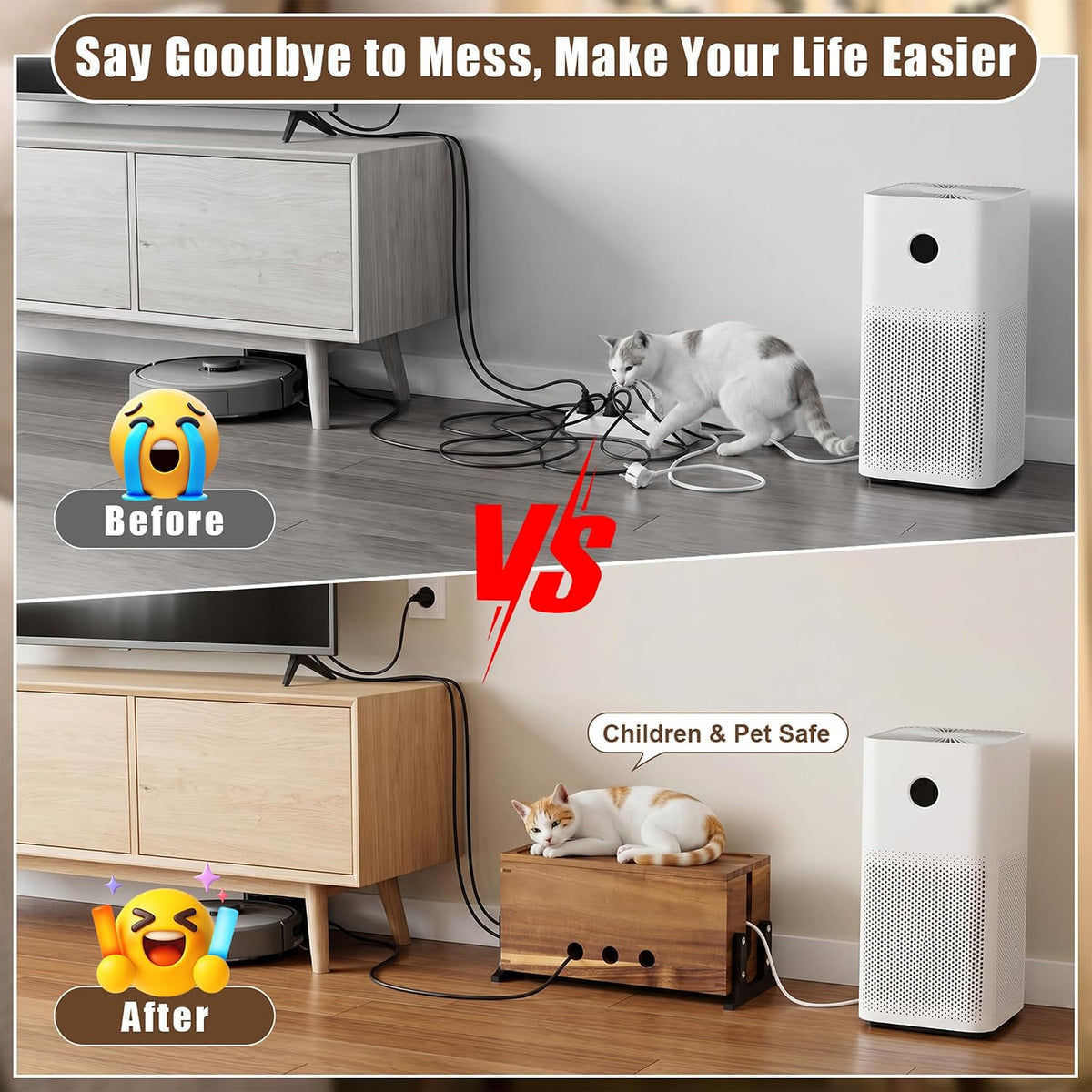 Extra Large Acacia Wood Cable Management Box, Pet Child Safe Cord Hider