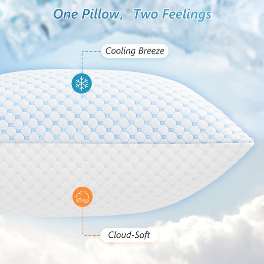 UYWO Cooling Pillows Queen Size Set of 2, Memory Foam Pillows with Zipper, Firm Bed Pillows Adjustable for Hot Side Back Stomach Sleepers