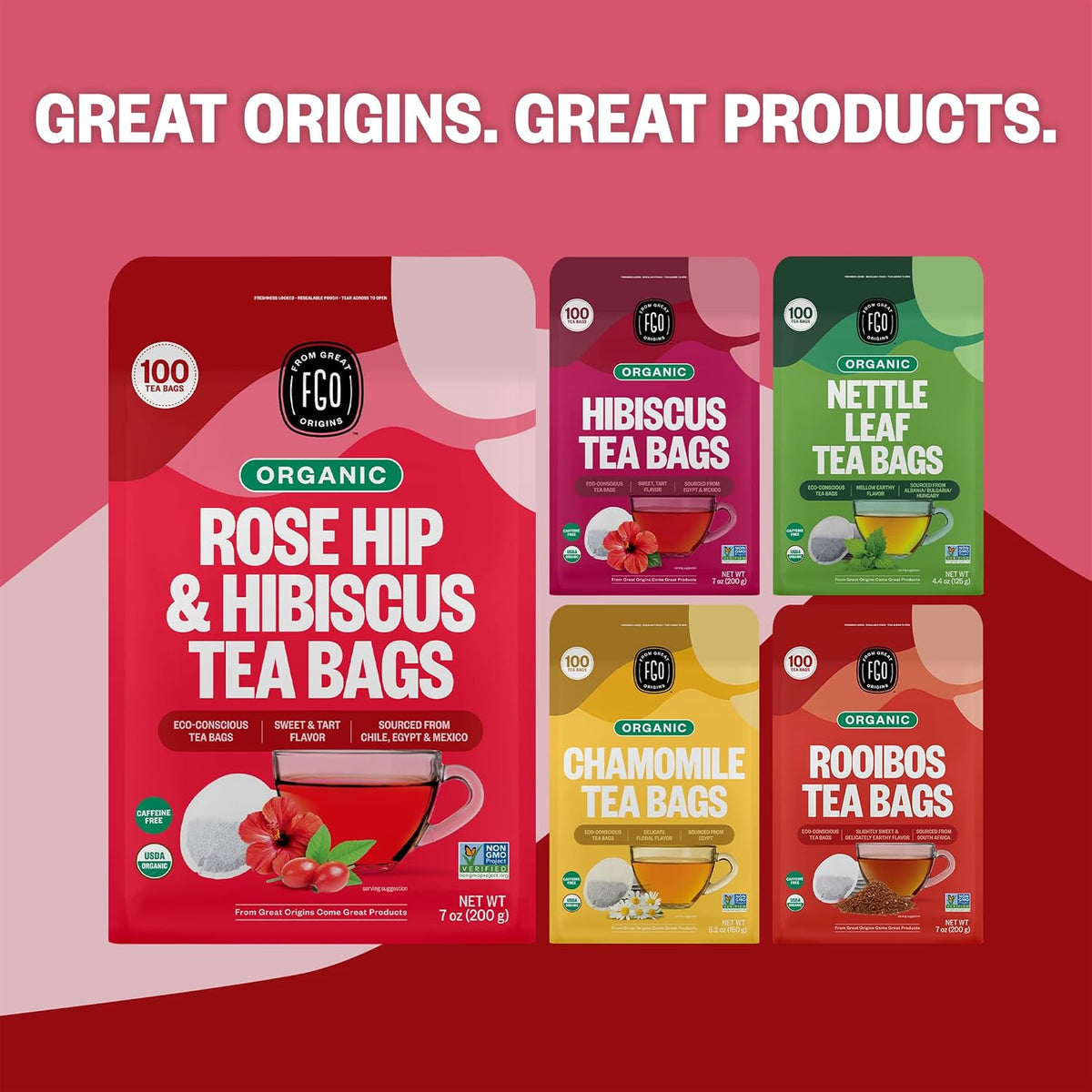 FGO Organic Rosehips Tea, Eco-Conscious Tea Bags, 100 Count, Packaging May Vary (Pack of 1)