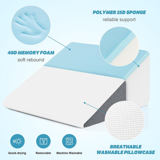 Yojoker Wedge Pillow for Sleeping - 12 Inch Bed Wedge for Headboard Triangle Pillow, Memory Foam Wedges for Acid Reflux, GERD, Snoring, Post Surgery Back Pain Relief, Leg Elevation, Washable Cover