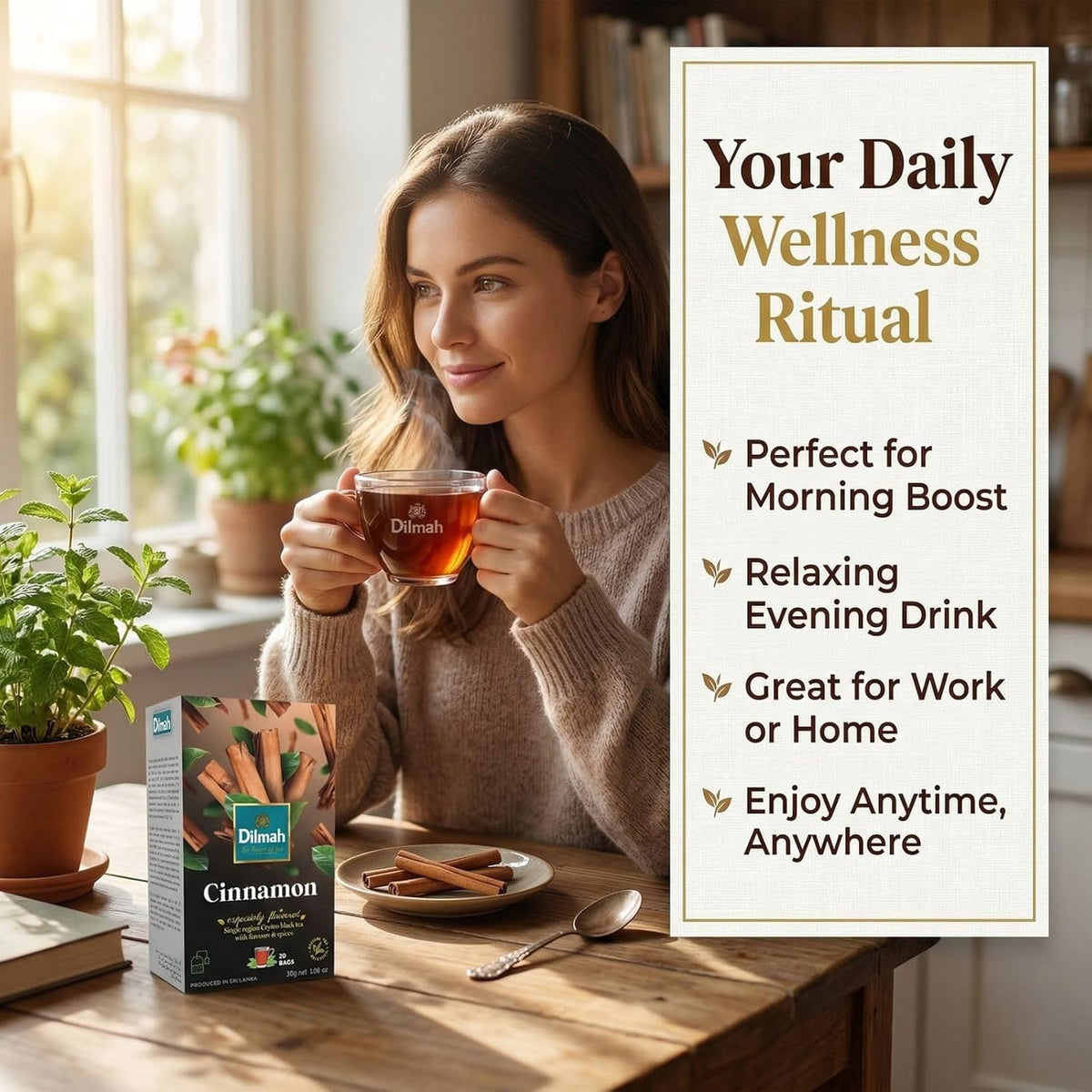 Dilmah Cinnamon Black Tea – 20 Tea Bags | Fun Flavored Ceylon Tea, Warm Spiced Aroma, Medium Caffeine, Ceylon cinnamon tea bags