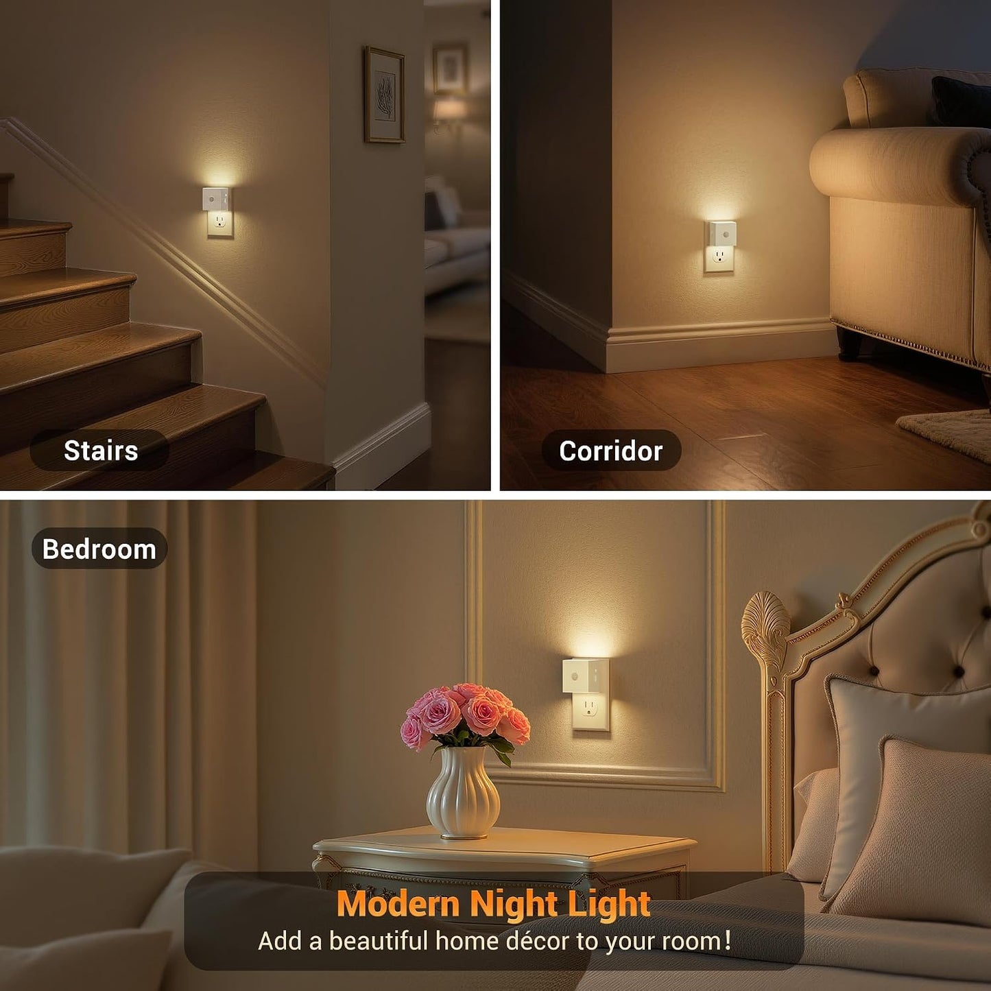 JandCase Night Light, Modern Night Lights Plug into Wall,2 Pack Dusk to Dawn Sensor Nightlight, Amber Brightness Adjustable Nightlight for Kids Bathroom Hallway Kitchen Bedroom Decor