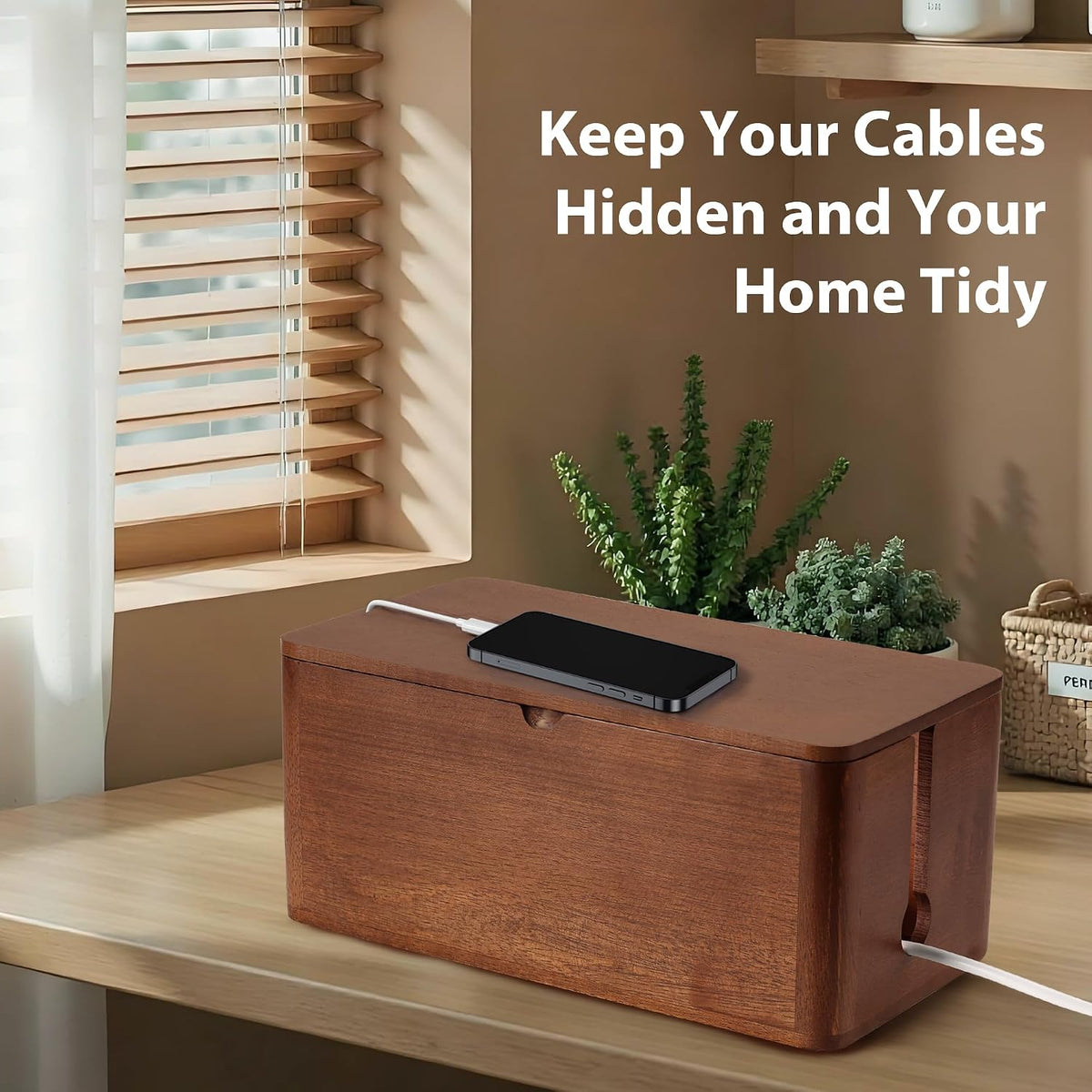 ZhiYo Wood Cable Management Box, Medium Cord Organizer Box for Power Strip