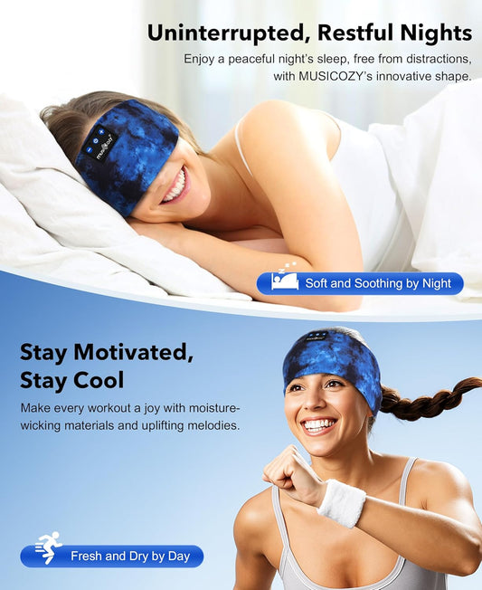 MUSICOZY Sleep Headphones Bluetooth 5.4 Headband, Wireless Earphones Sweat Resistant Earbuds with Ultra-Thin HD Stereo Speaker for Workout Running(Tie-dye Pink)