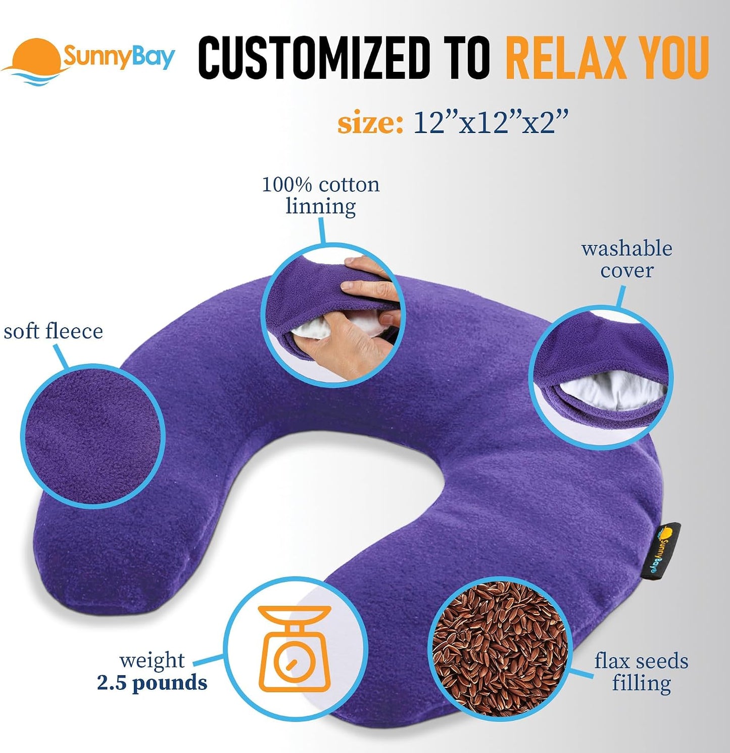 SunnyBay Microwave Heating Pad, Microwavable Heated Neck Pillow for Moist Hot Therapy, Heated Neck and Shoulder Wrap with Flax Seeds Filling and Washable Cover, 12"X12"X2", 2.5 lbs, Navy Blue