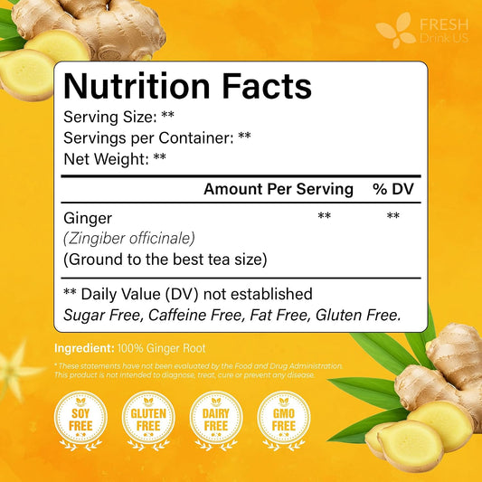FreshDrinkUS, 120 Ginger Tea Bags, 100% Natural & Pure. Ginger Herbal Tea. No Sugar, No Caffeine, No Gluten, Vegan.