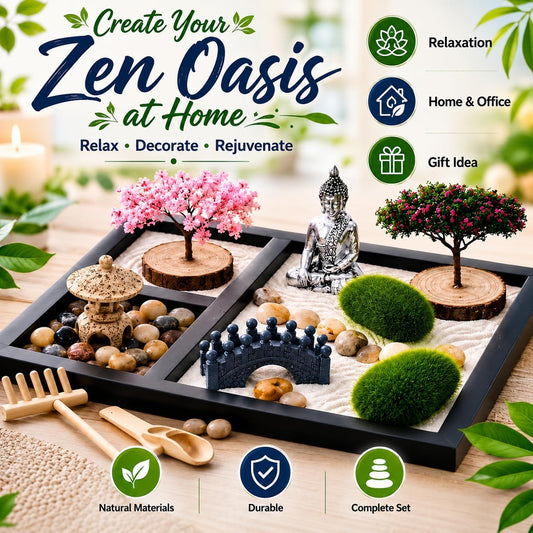 Zen Garden for Desk - Tabletop Sand Garden Kit - Mini Sand Tray Decor - Black Display Tray with Buddha Ornament, Pebbles and Moss Accents - Suitable for Office Desk Decoration and Home Decor