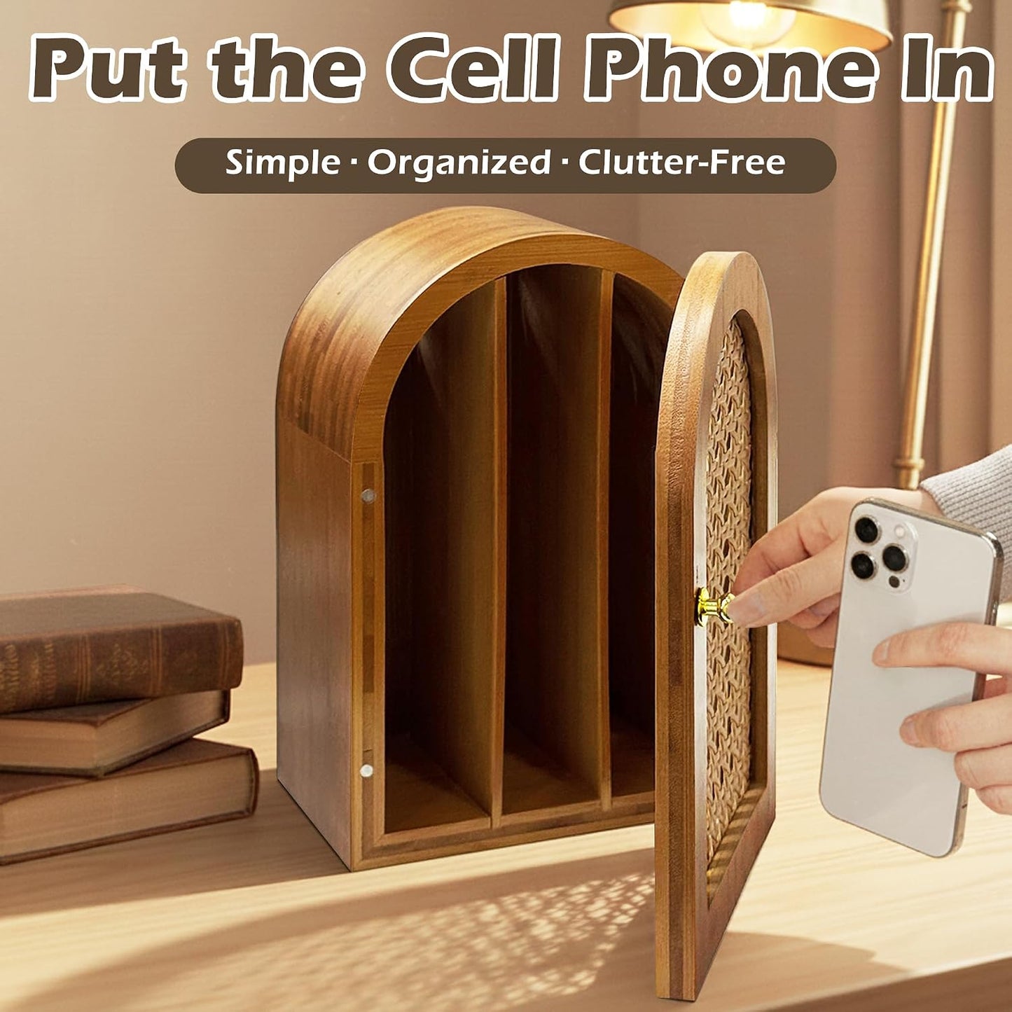 Bamboo Phone Box, Premium Cell Phone Box for Family Time, Cell Phone Jail with Charging Holes,Phone Lock Box Holds 6 Phones (Walnut)