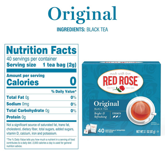 Red Rose Original Black Tea, Full-Flavored Strong Tea, 40 Tea Bags 6 Pack