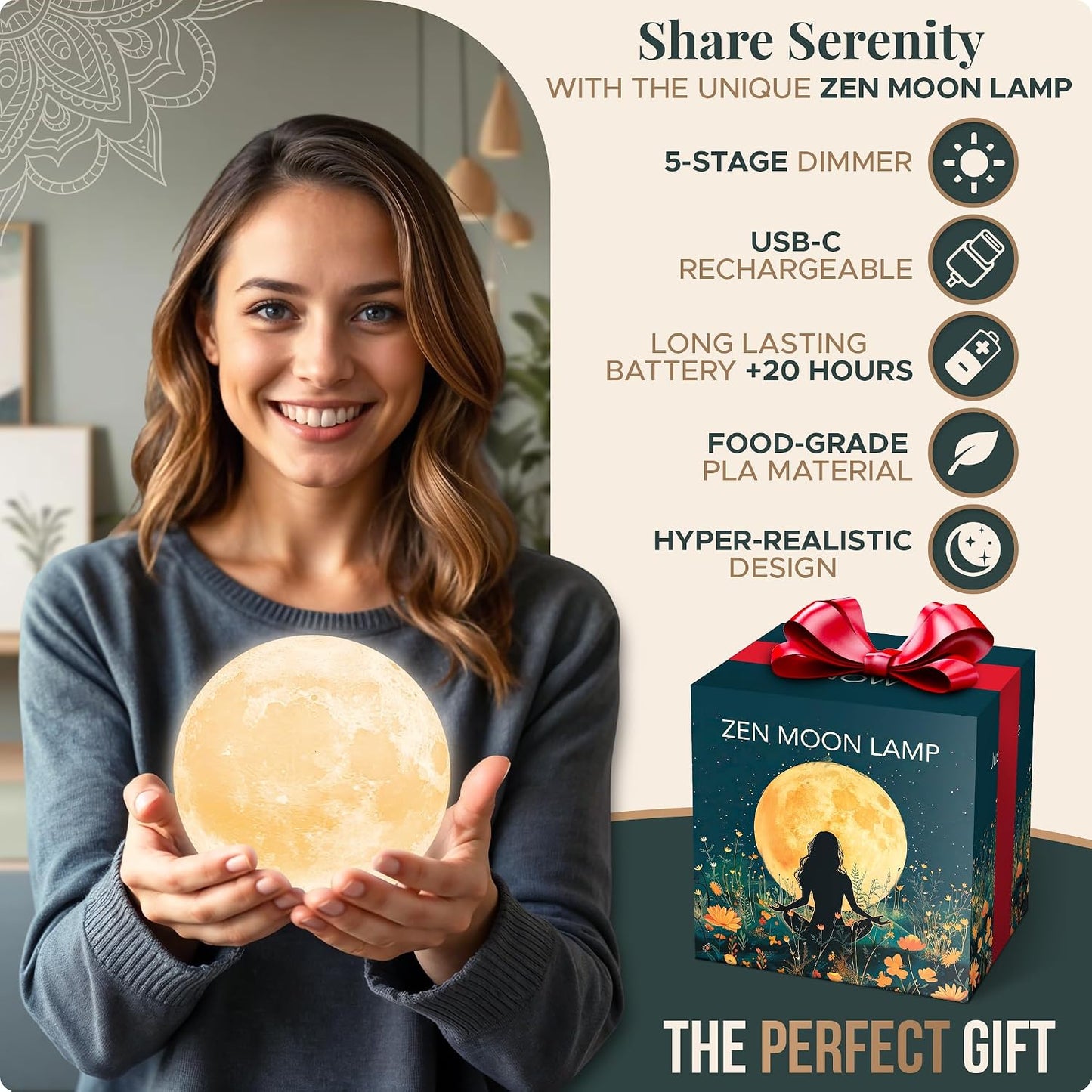 Mind-Glowing Zen Moon Lamp, Guided Breathing, Sleep Timer (5.5 inch)