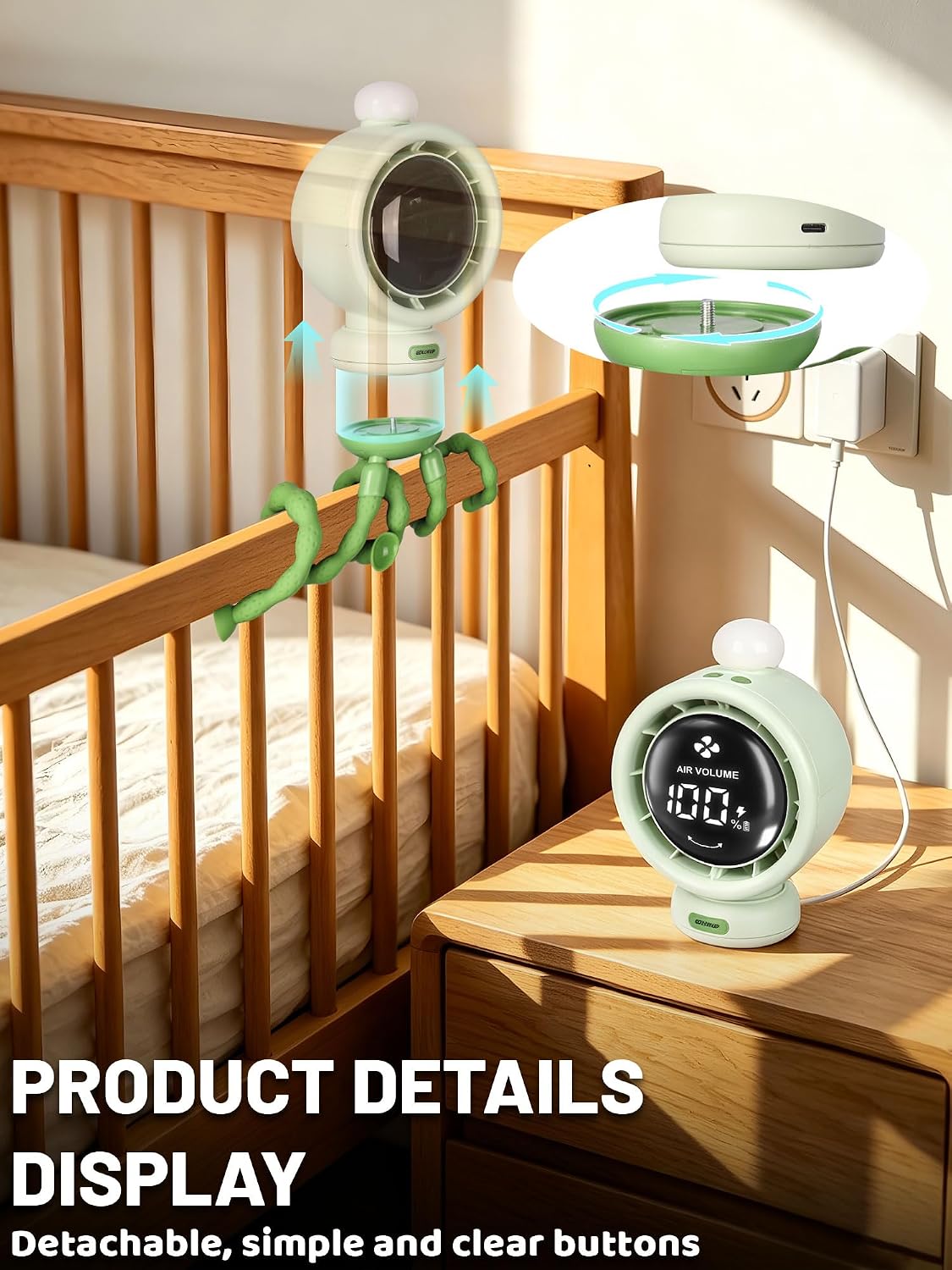 Stroller Fan for Baby with Night Light, 135° Automatic Air Swing (Orange)