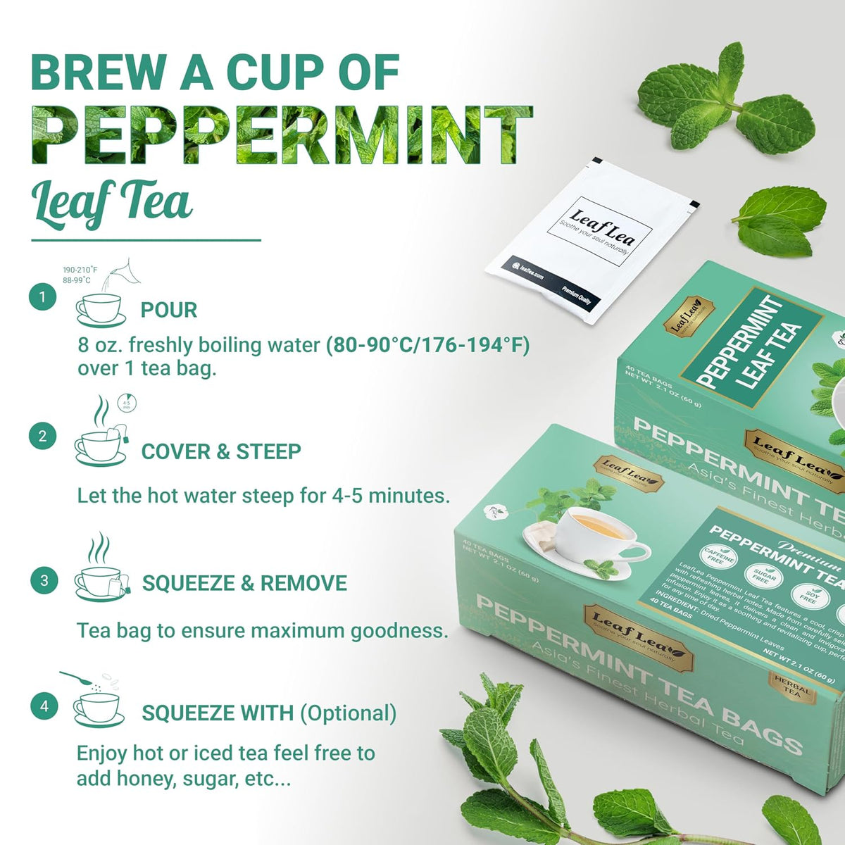 LeafLea Peppermint Tea Bags, Pure Peppermint Leaf Tea, 80 Count, 2-Pack