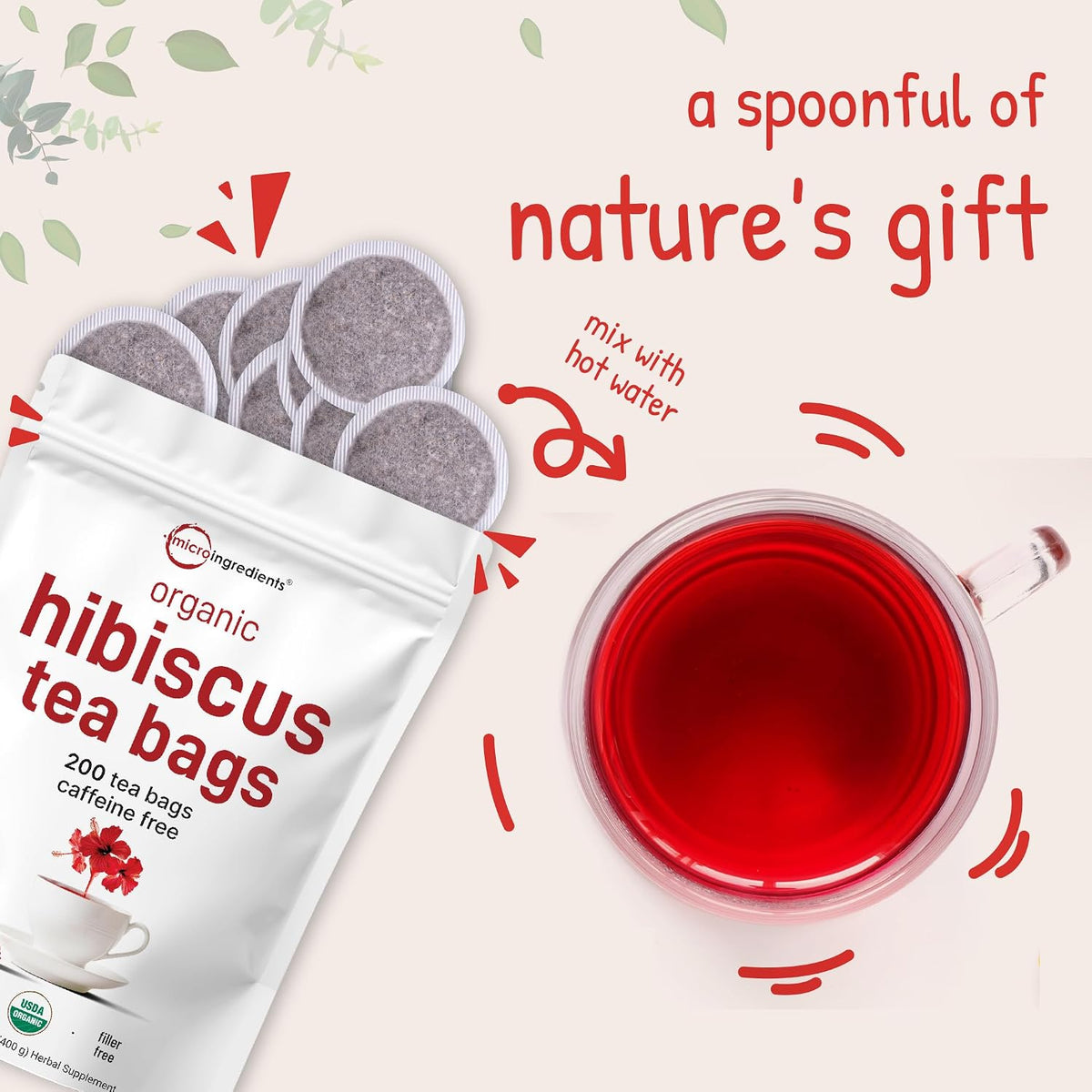 Organic Hibiscus Tea Bags, 200 Count | Premium Source from Hibiscus Flowers | Caffeine Free Herbal Tea | Eco-Friendly Hemp Paper Tea Bags | Non-GMO, No Sugar