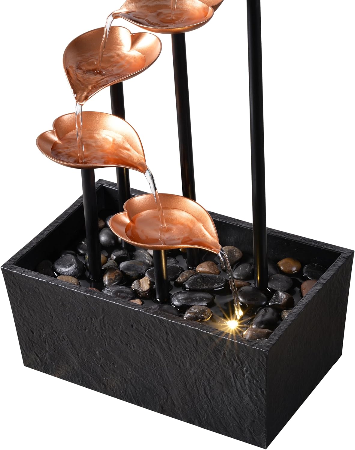 14" Tabletop Water Fountain, Indoor Desktop Fountain with Copper Leaf Design & LED Light, Splash-Free Zen Decor for Home, Office, Meditation, Yoga, Gift