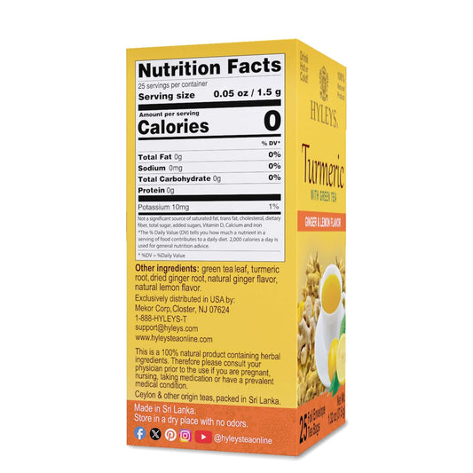 HYLEYS Turmeric Green Tea with Ginger and Lemon, Kosher, 25 Tea Bags